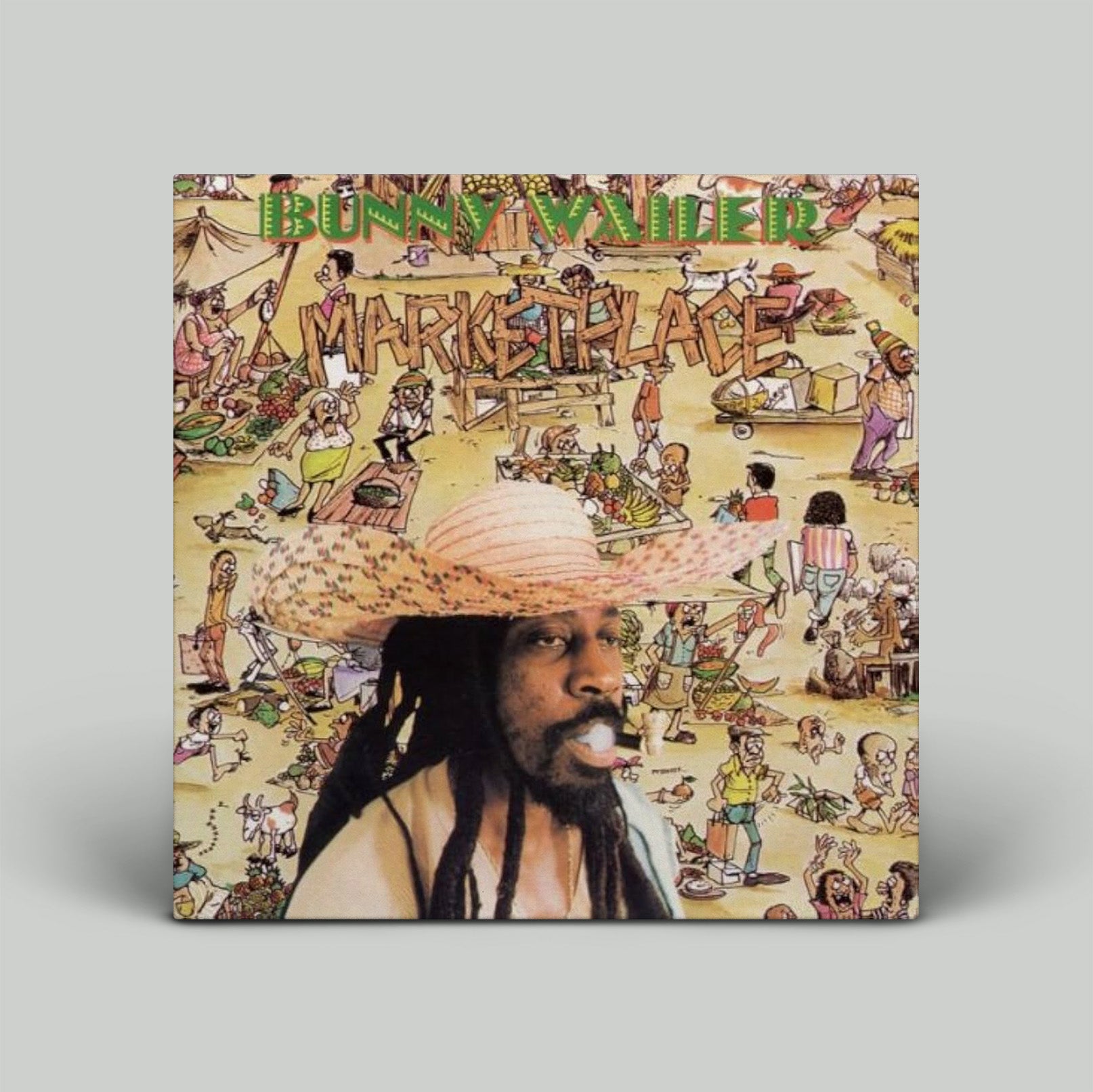 Album cover with a person wearing a straw hat and dreads, surrounded by illustrated characters on a beige background.