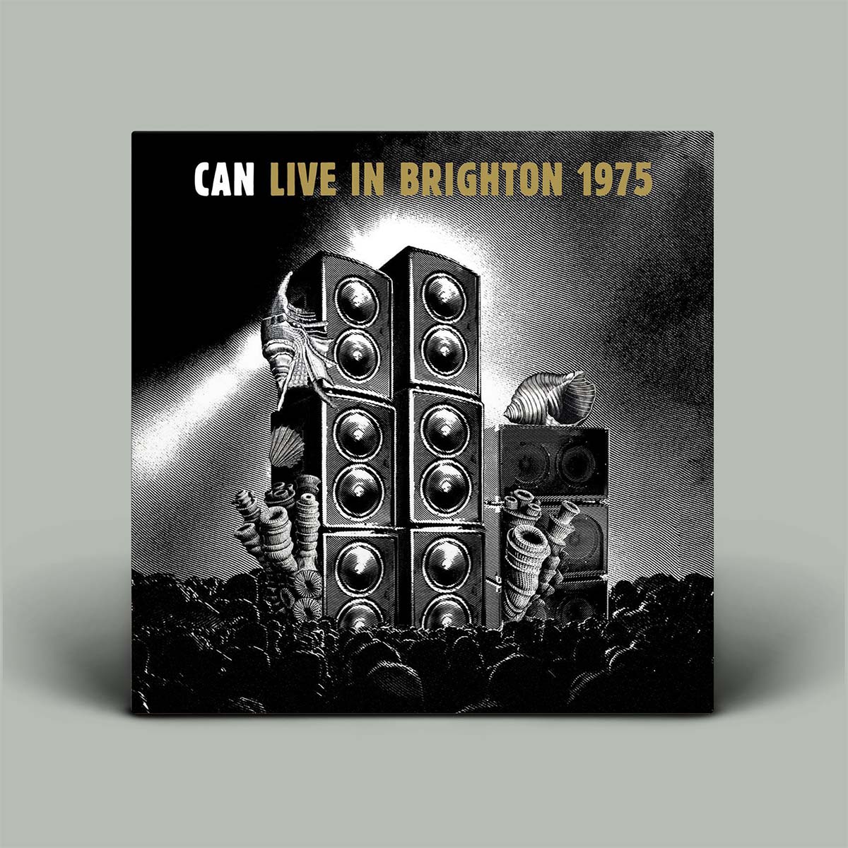 Album cover for 'Can Live in Brighton 1975' with a black and white illustration of speakers and crowd.
