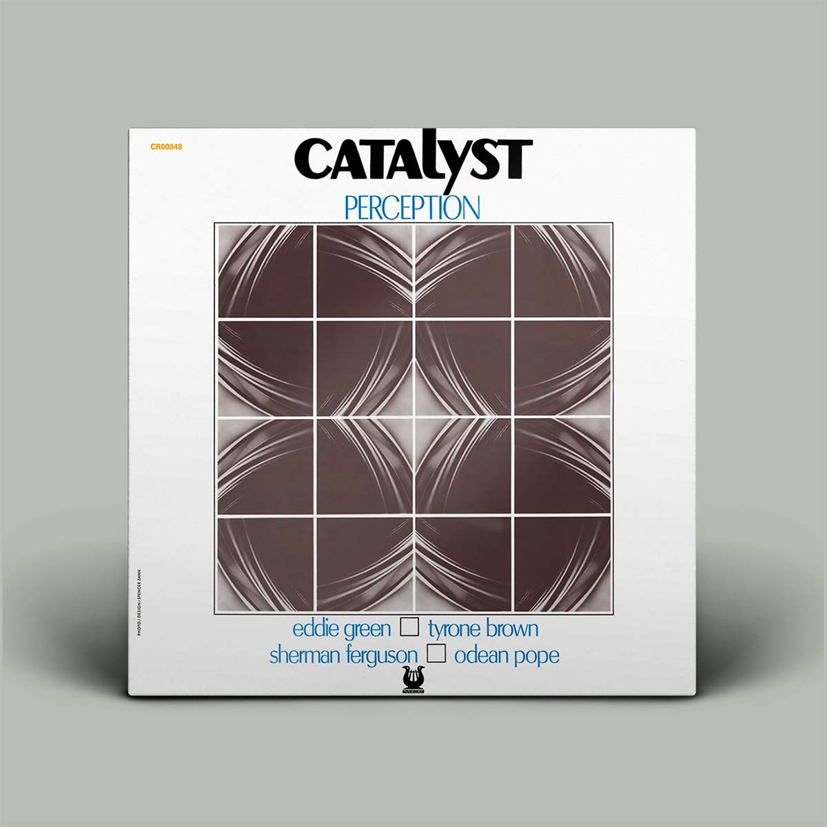 Catalyst Perception vinyl record album cover, featuring a white background with a central square graphic of brown and gray wavy lines, and artist names listed at the bottom.