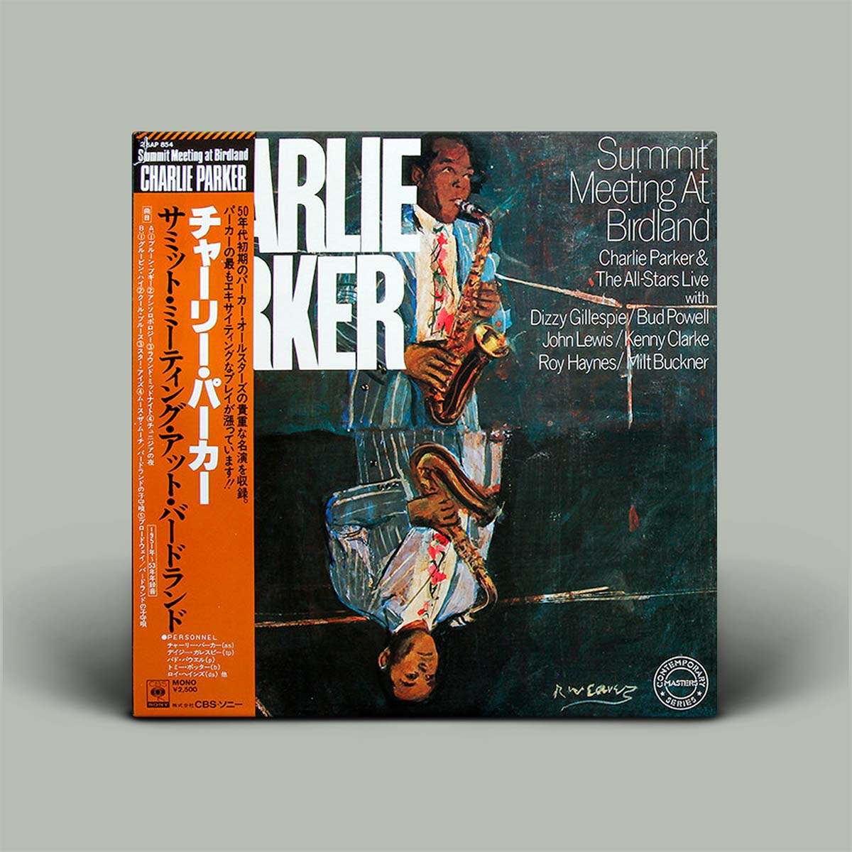 Vinyl record cover featuring a jazz musician with a saxophone on a gray background