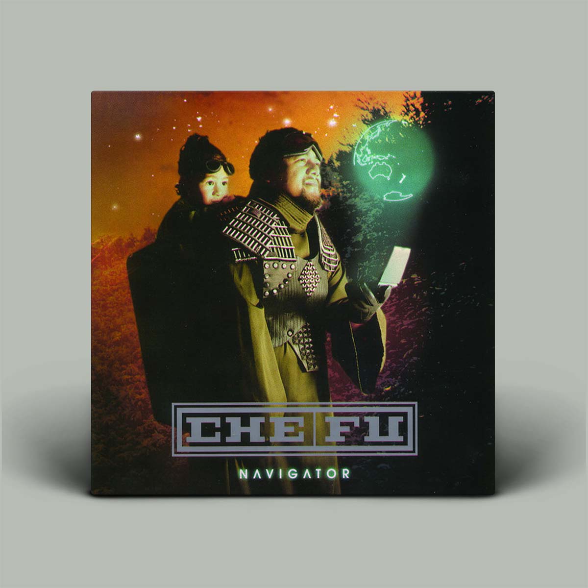 Album cover for 'Navigator' by CHE FU with two figures and a glowing object on a gradient background