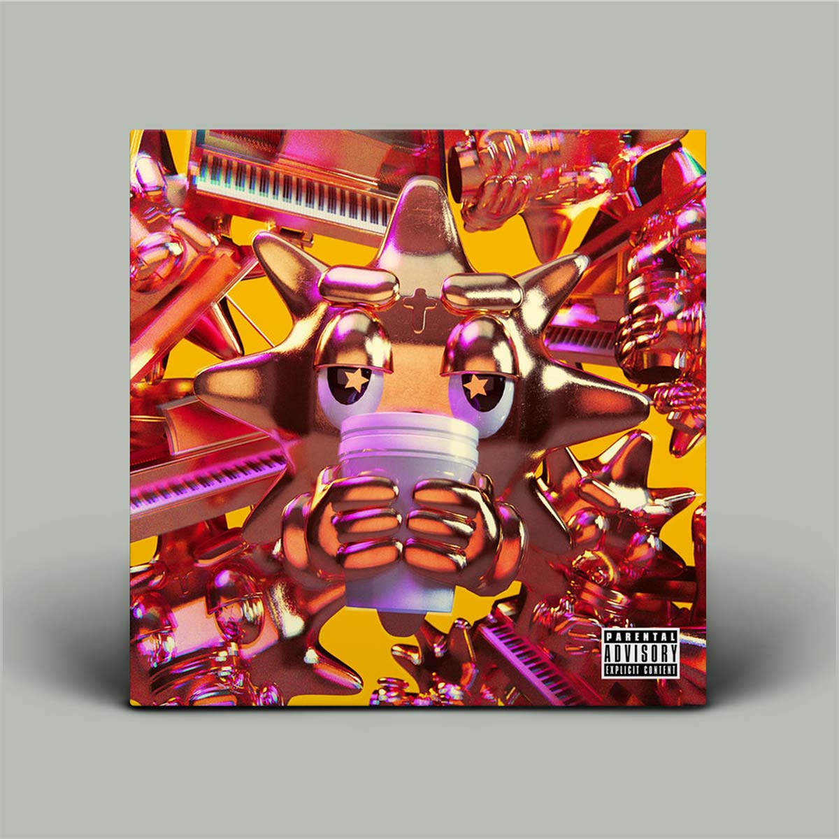 Album cover with a stylized animal character in metallic colors on a gray background
