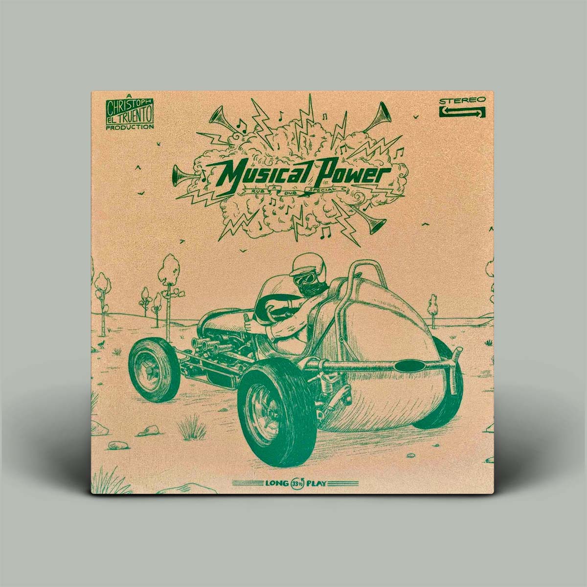 A vinyl record sleeve for 'Musical Power' by Long Play, featuring a retro illustration of a green road racer on a beige background, shown standing upright on a neutral gray background.