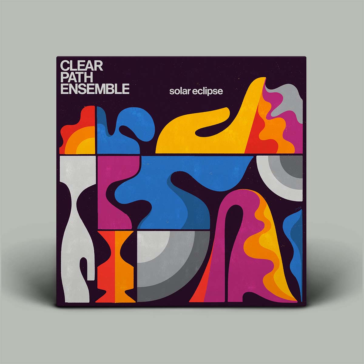 Album cover for 'Solar Eclipse' by Clear Path Ensemble with abstract colorful design on a gray background