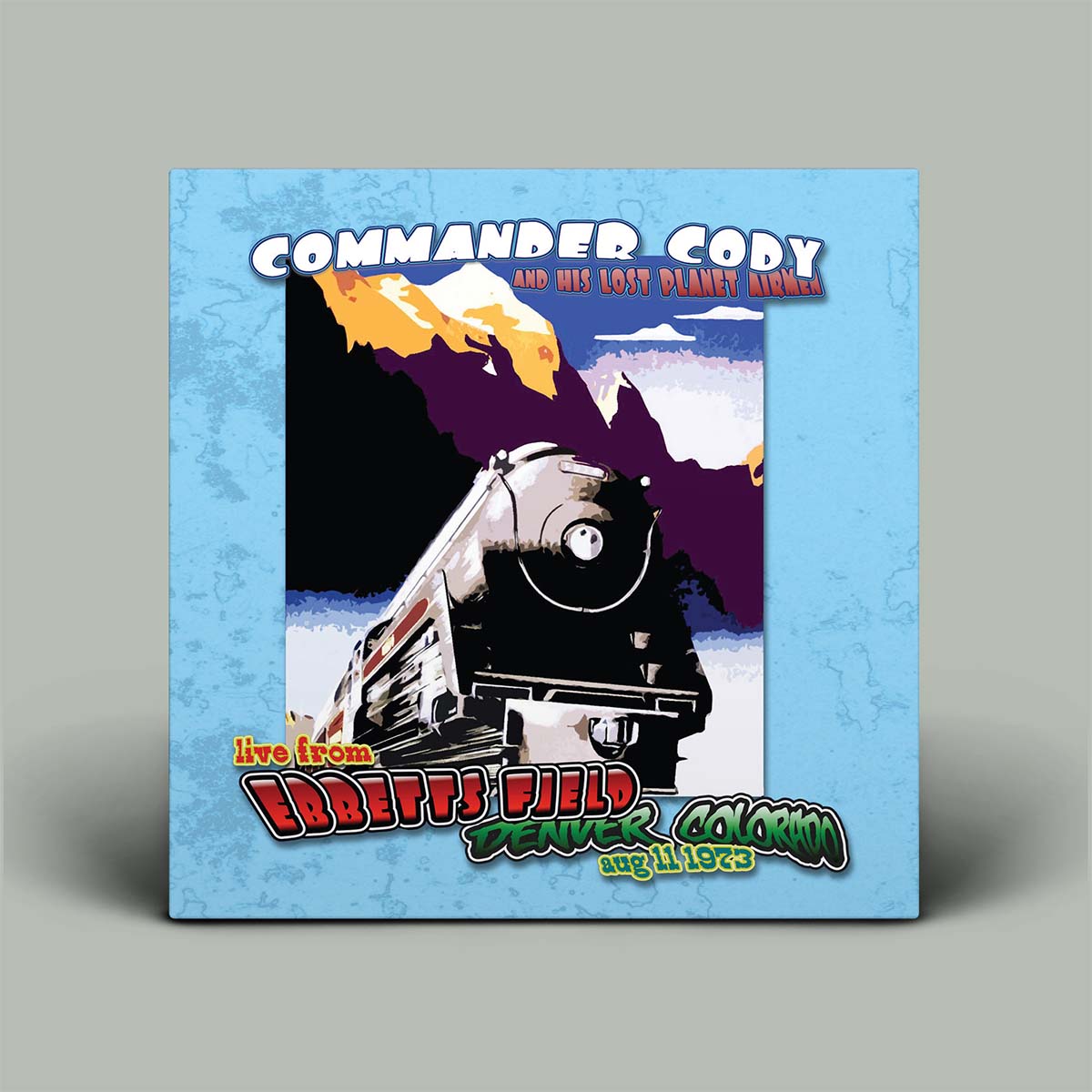 Album cover with train graphic and text on a blue background