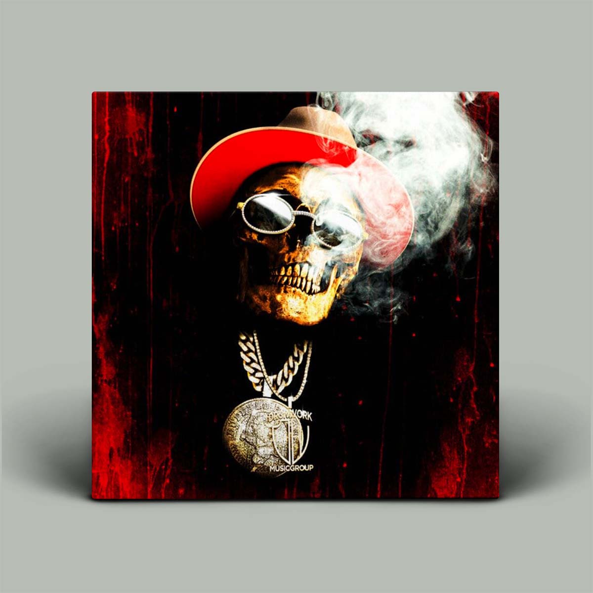 Artistic depiction of a skull wearing sunglasses and a red cap with smoke effects on a dark background.