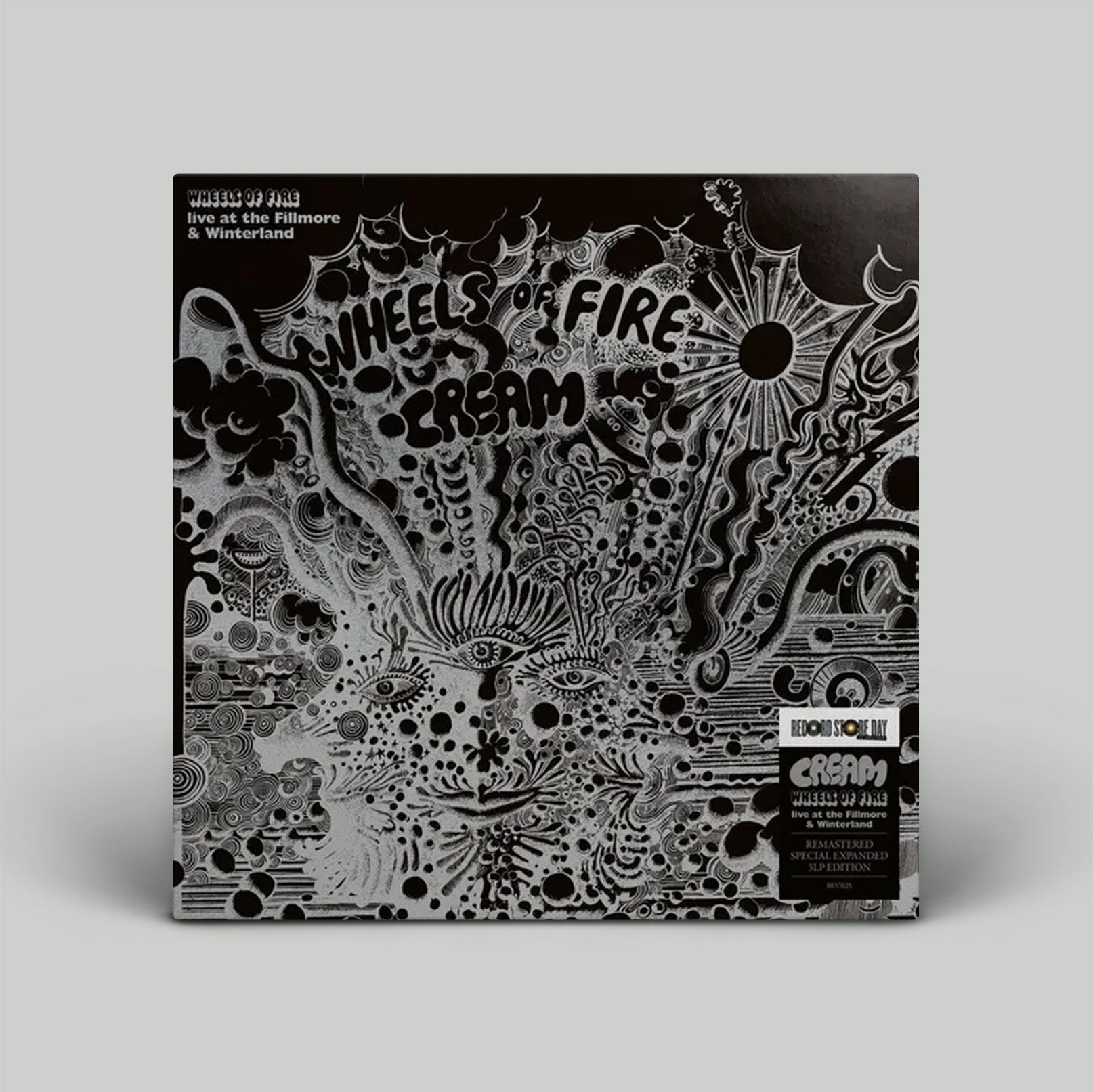 Vinyl record cover with black and white design and text on a gray background