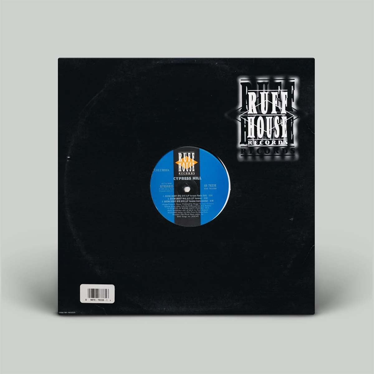 A vinyl record partially pulled from a black sleeve, showing a blue center label with the Cypress Hill logo and a stylized 'Rust House Records' logo in the top right corner, set against a solid light gray background.