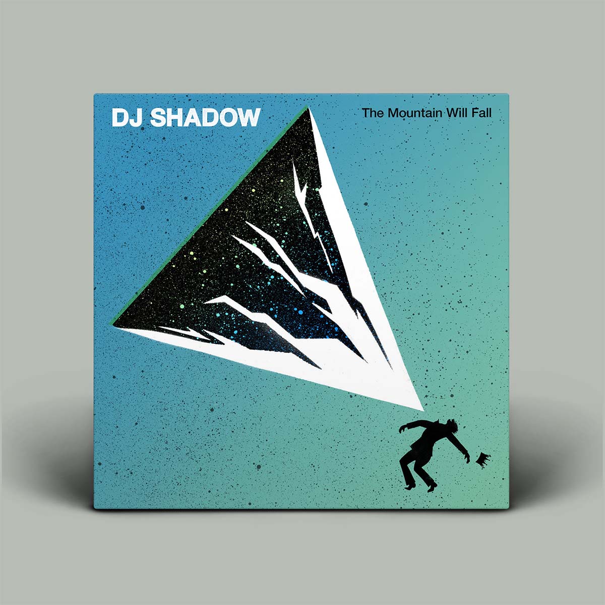 Album cover for 'The Mountain Will Fall' by DJ Shadow with a stylized mountain and person on a blue background.