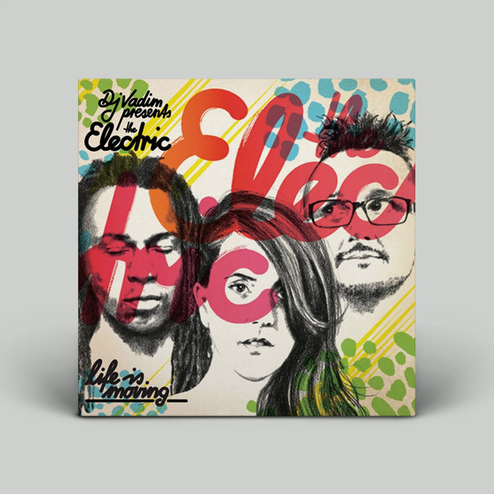 Album cover with stylized portraits and colorful text on a gray background