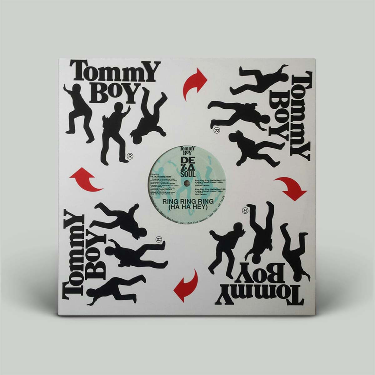 A vinyl record sleeve for 'Ring Ring Ring (Ha Ha Ha)', featuring a white background with black silhouettes of dancing figures, red arrows, and the Tommy Boy logo, set against a light gray background.