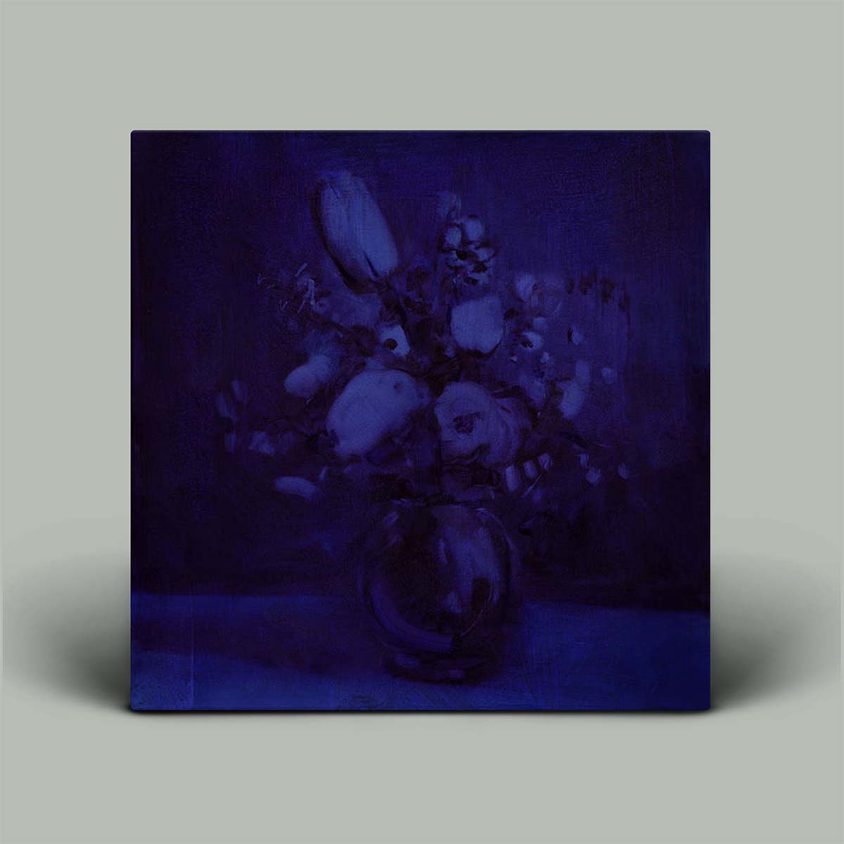 Blue-toned still life painting of fruits and vegetables on a neutral background