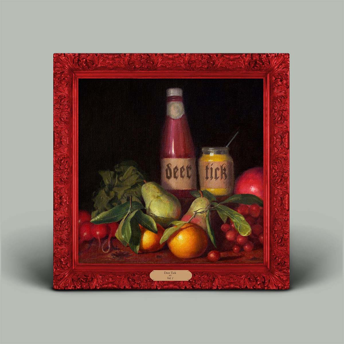 Still life painting with bottles and fruits in a red frame