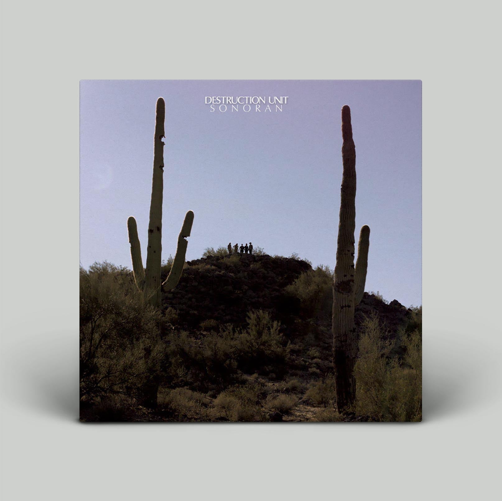 A vinyl record sleeve for Destruction Unit's album 'Sonoran' featuring a landscape photo with cacti in the foreground and the band's name in large letters.