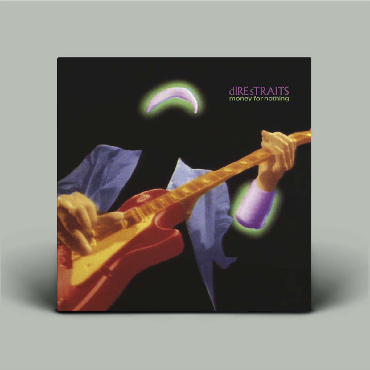 Album cover for Dire Straits' 'Money for Nothing' with a guitar and moon design.