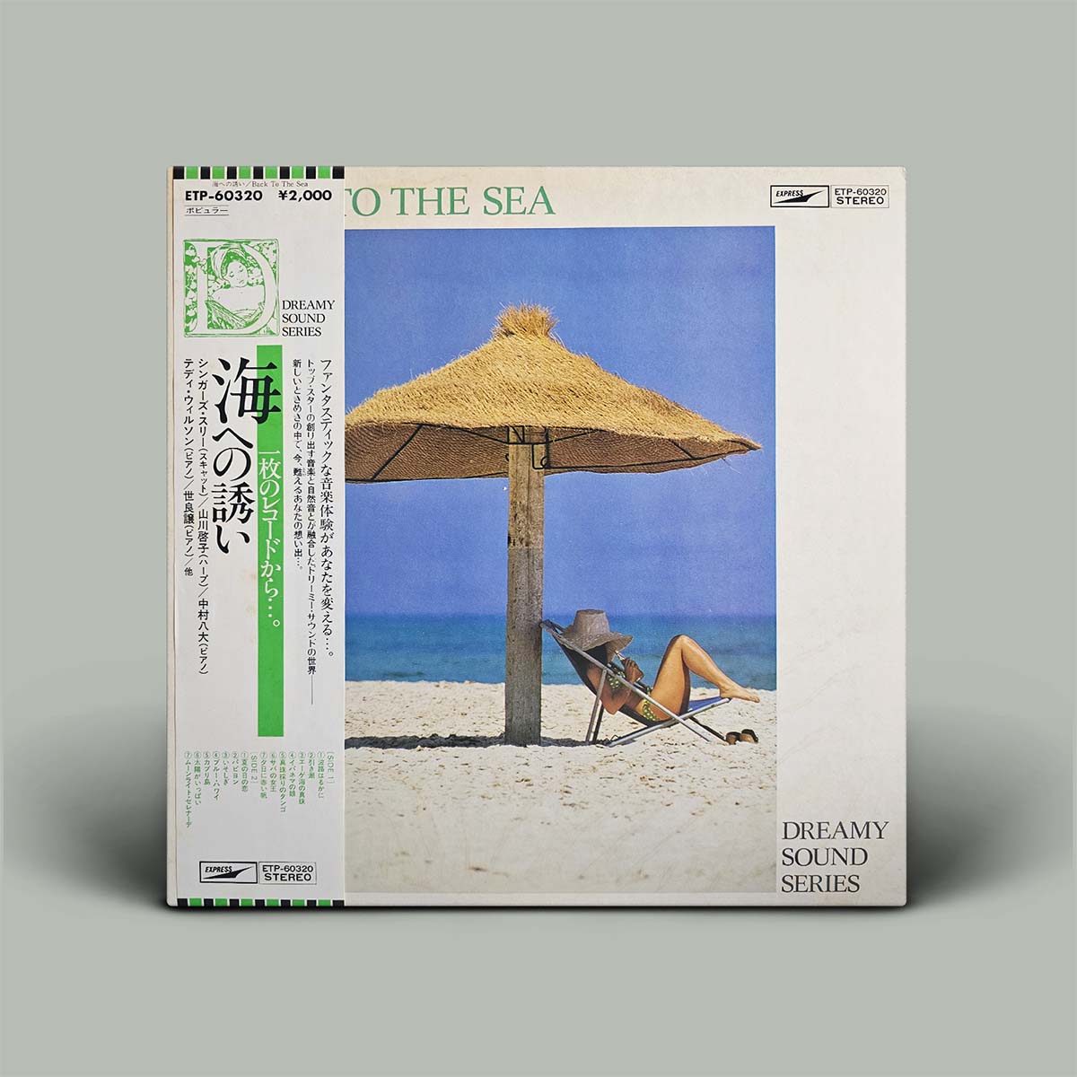 A vinyl record album cover for 'To the Sea' by Dreamy Sound Series, featuring a beach scene with a straw umbrella and reclining figure, photographed against a solid gray background.