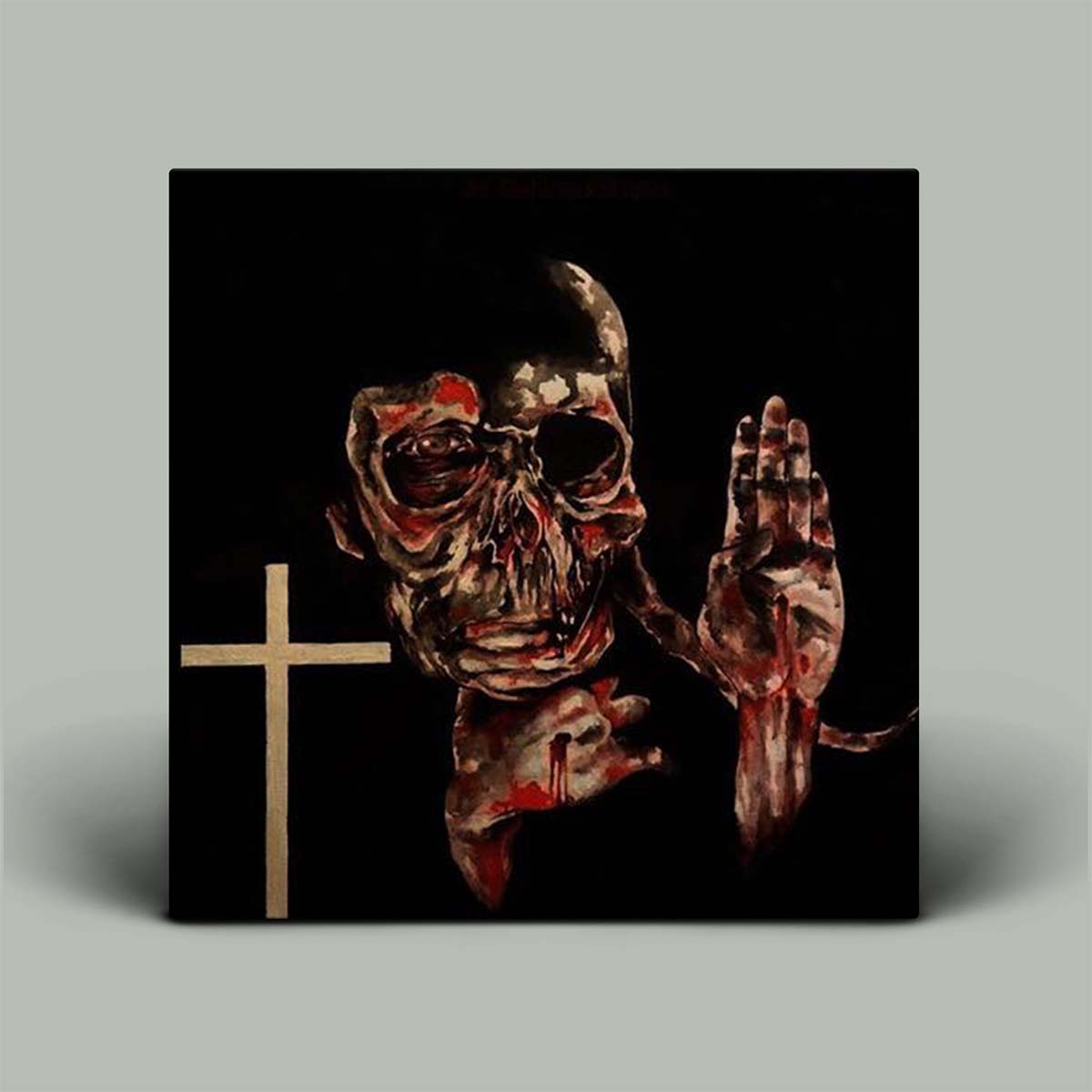 Artistic depiction of a skull with outstretched hands and a cross on a black background