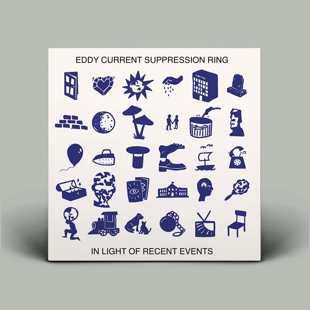 Album cover with various icons and text on a white background