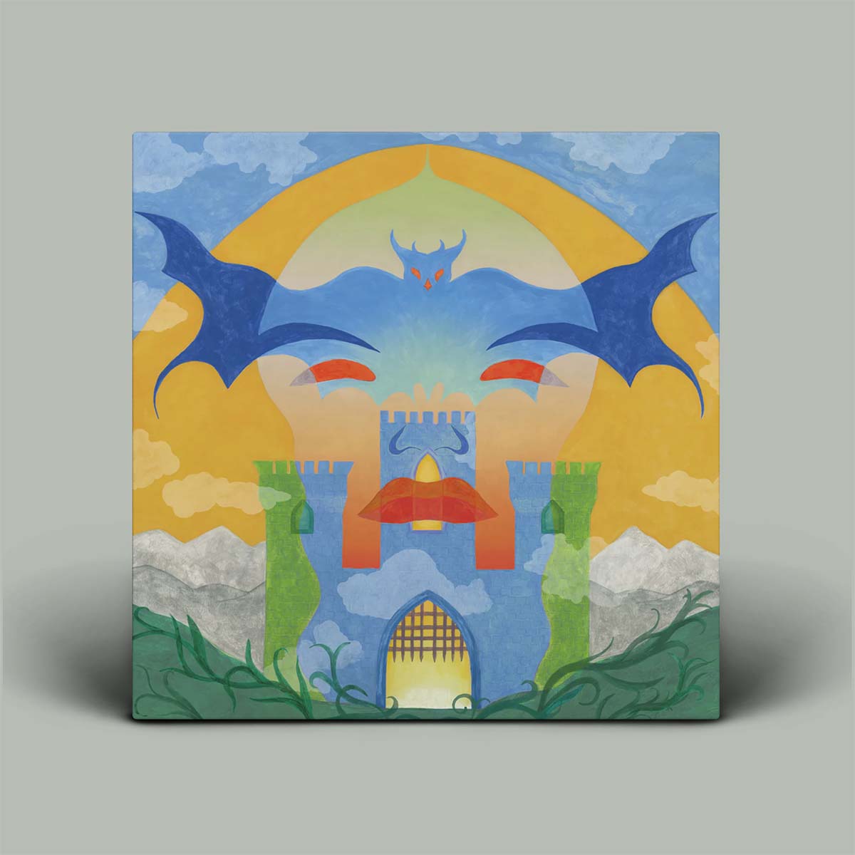 Colorful artwork of a castle with flying birds on a gray background