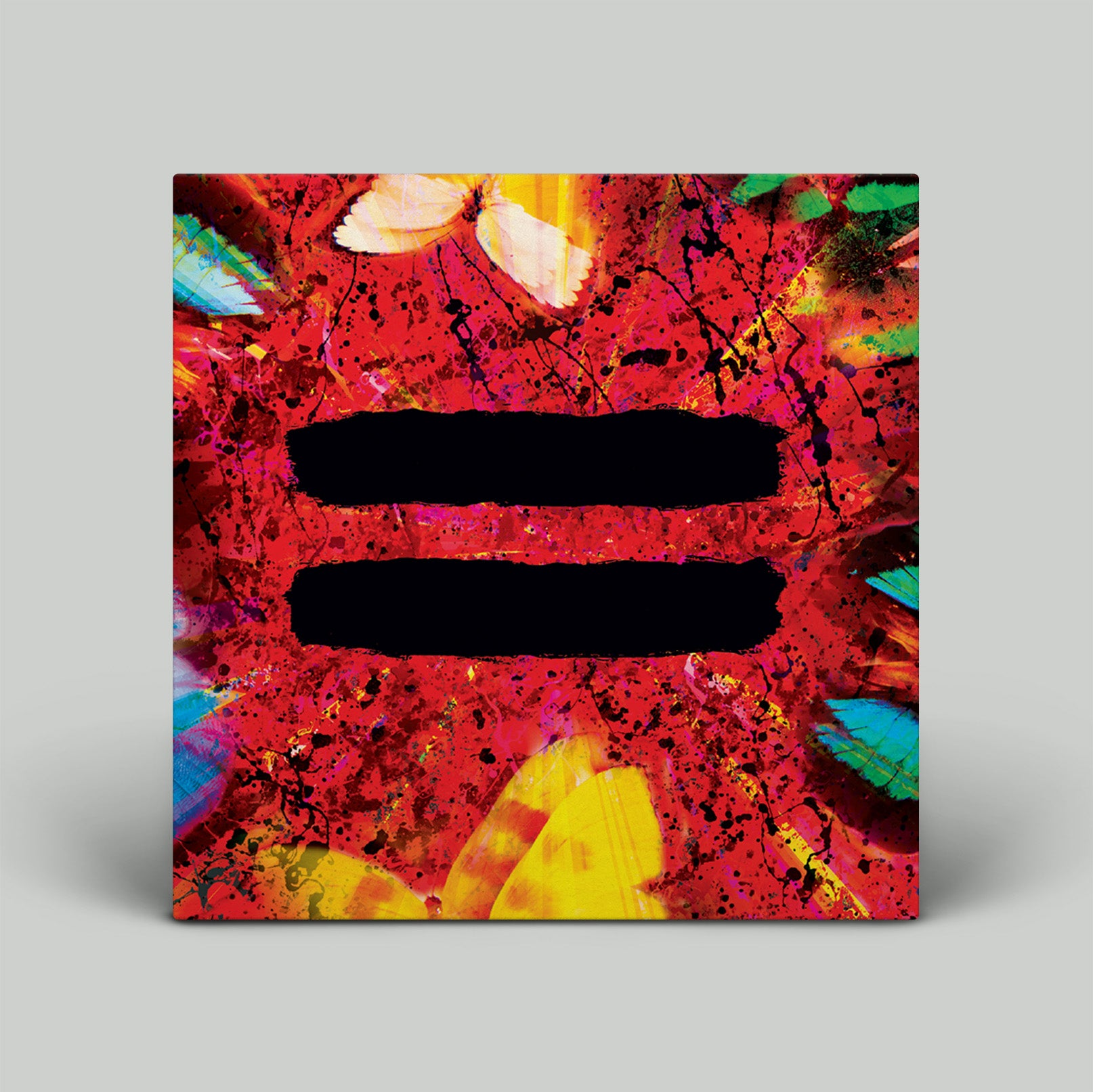 Colorful abstract design with a black equal sign on a gray background