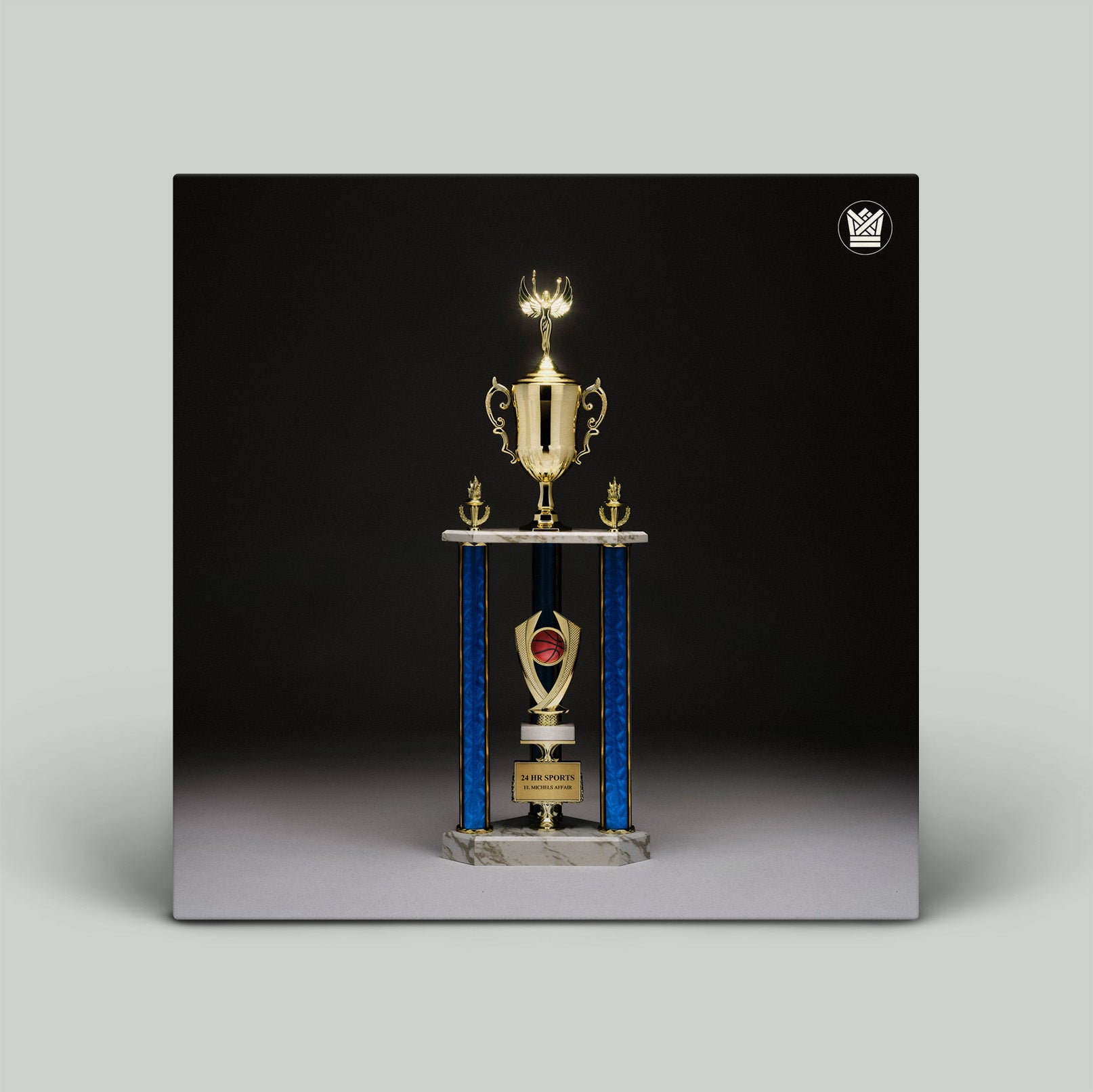 Decorative trophy with gold and blue elements on a gray background