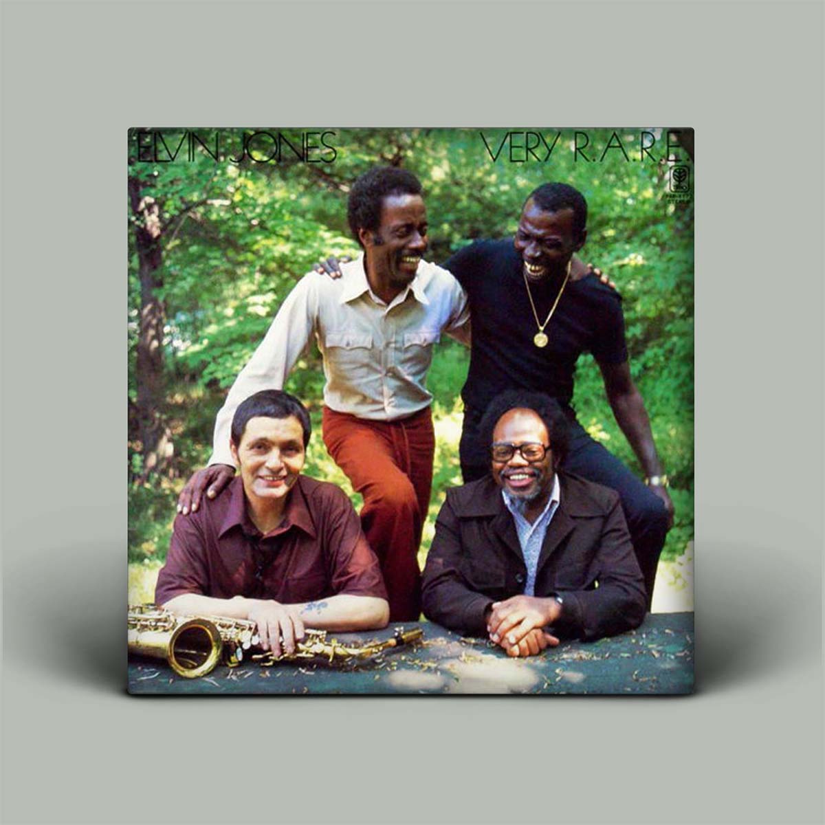 A square vinyl record cover for 'Very Rarely Seen' by Elvin Jones, featuring a group photo of four men outdoors in front of a green forest background. The album is shown as a physical 3D cube mockup against a neutral gray background.