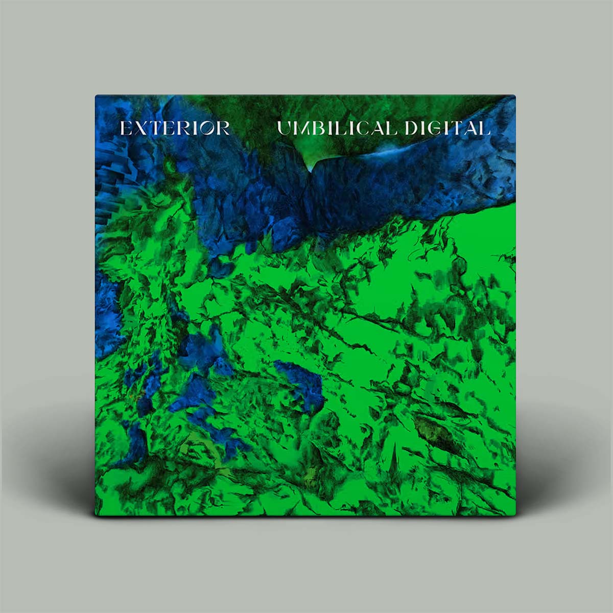 Album cover with green and blue abstract design on a gray background