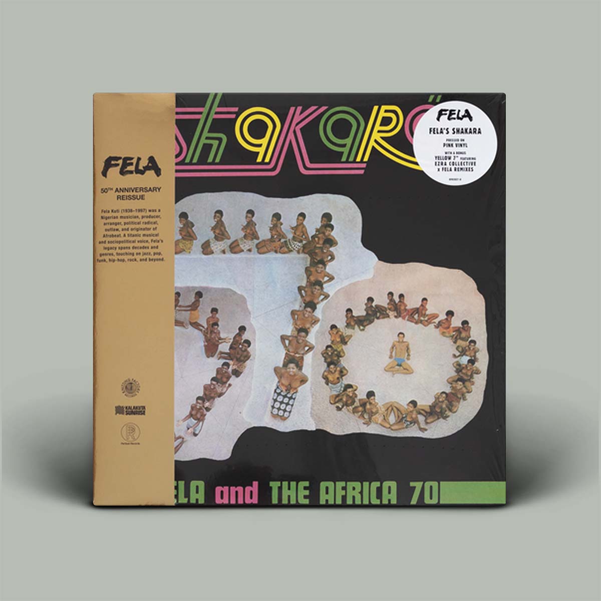 FELA '59 '69 '79 and The Africa 70 vinyl record album cover, featuring a black background with colorful retro typography and a central collage of seated figures, shown on a plain gray background.