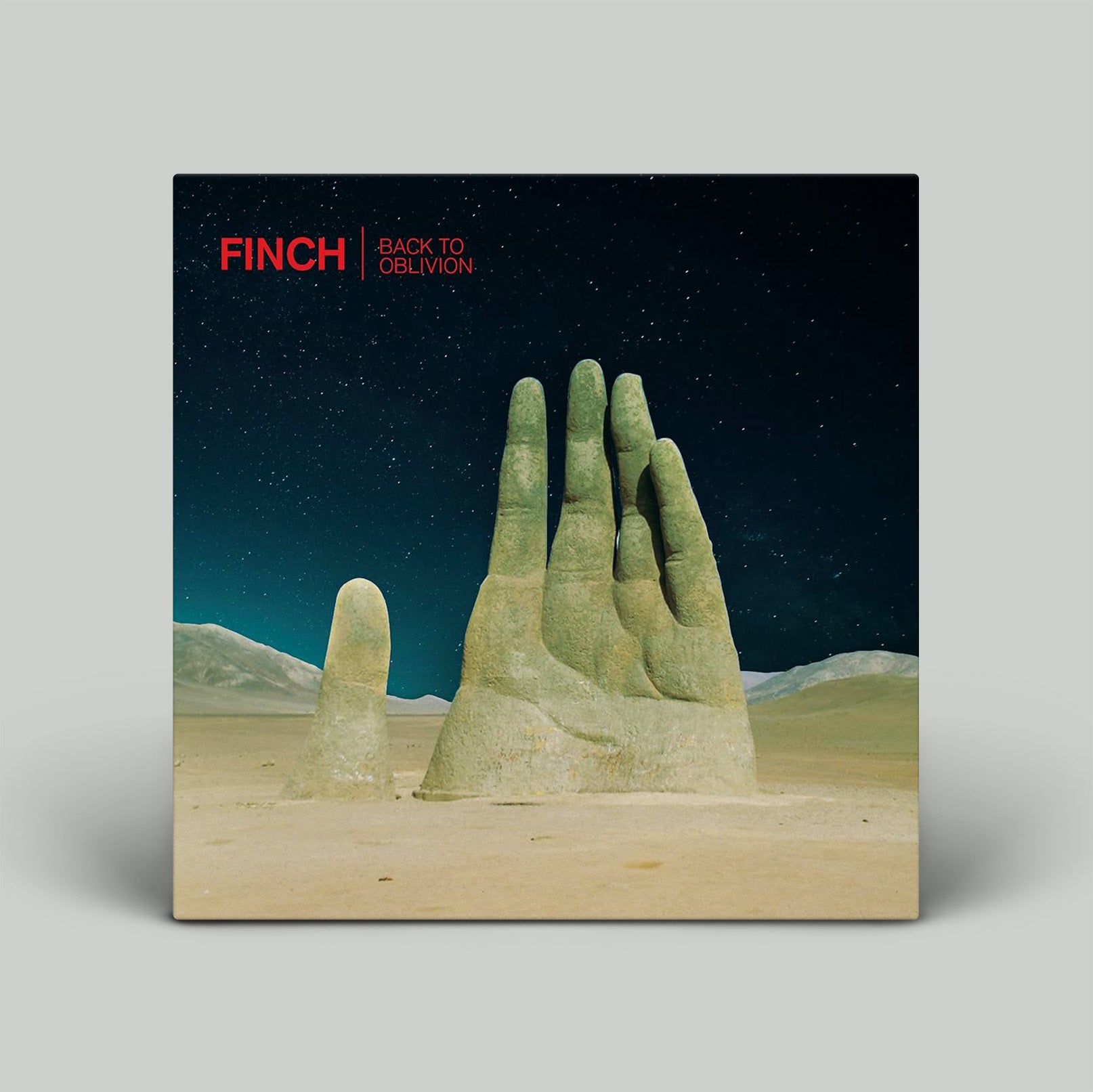 Album cover with sculpture of a hand and 'FINCH Back to Oblivion' text against a starry sky.