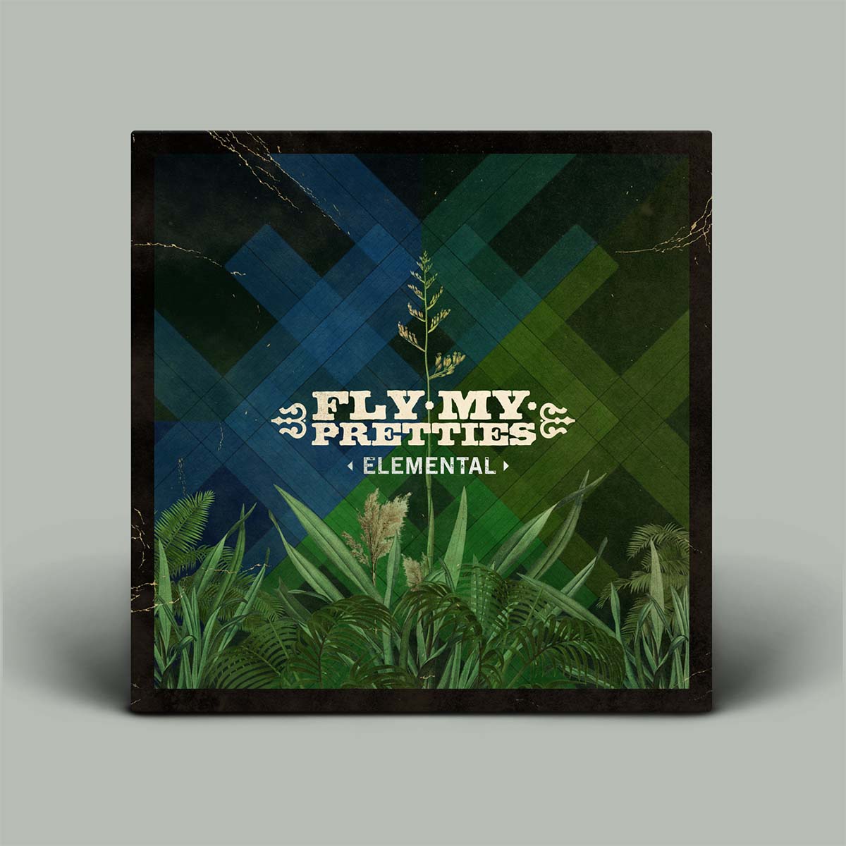 Album cover for 'Fly My Pretties Elemental' with geometric design and plant elements on a gray background