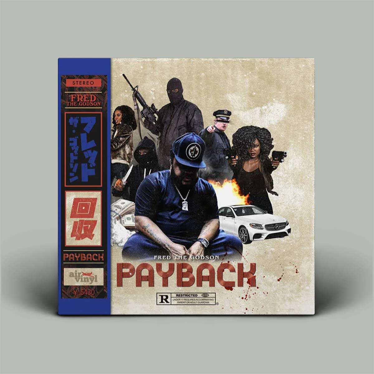 Vinyl record cover for 'Payback' by Fred The Godson with action scene and text on a gray background