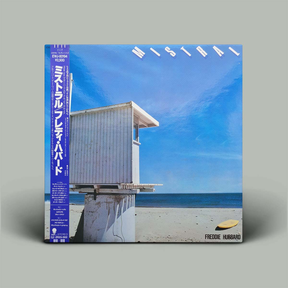 Vinyl record cover with a beach scene and blue spine on a gray background