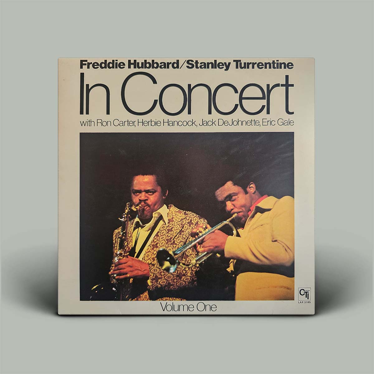 Vinyl record cover featuring two musicians playing instruments with text about Freddie Hubbard and Stanley Turrentine.