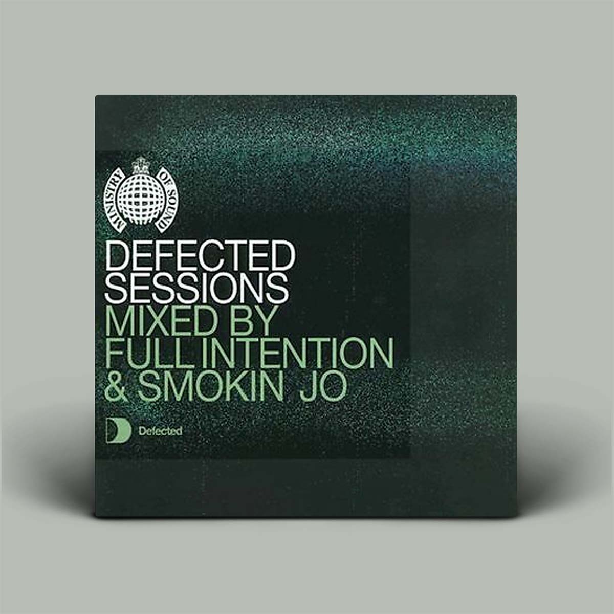 Album cover standing upright on a light gray background. The cover has a dark green to black textured gradient with white and light green text reading 'DEFECTED SESSIONS MIXED BY FULL INTENTION & SMOKIN JO' and a Defected logo near the bottom left.