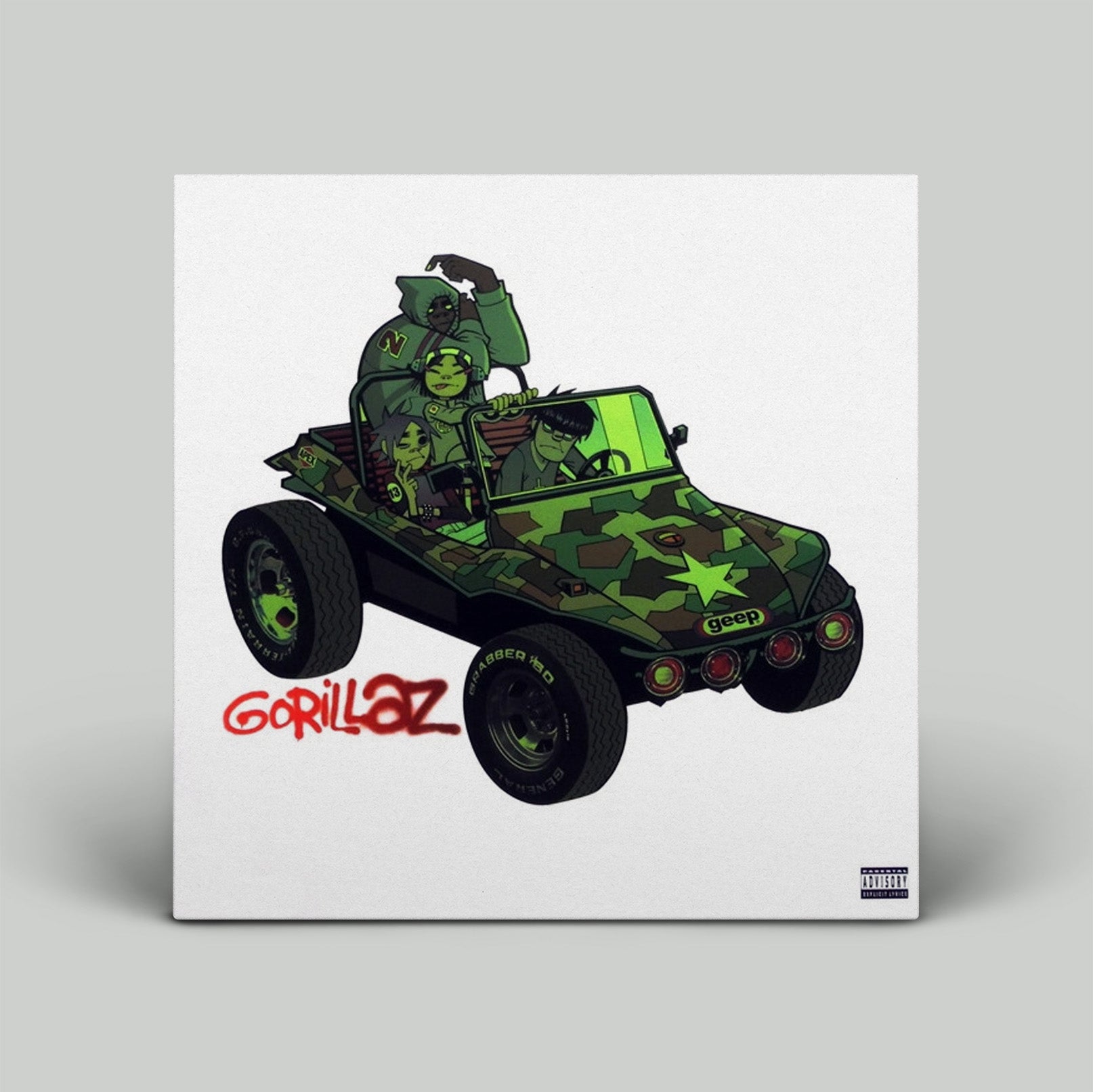 Album cover with a green camouflage Jeep and Gorillaz logo on a white background