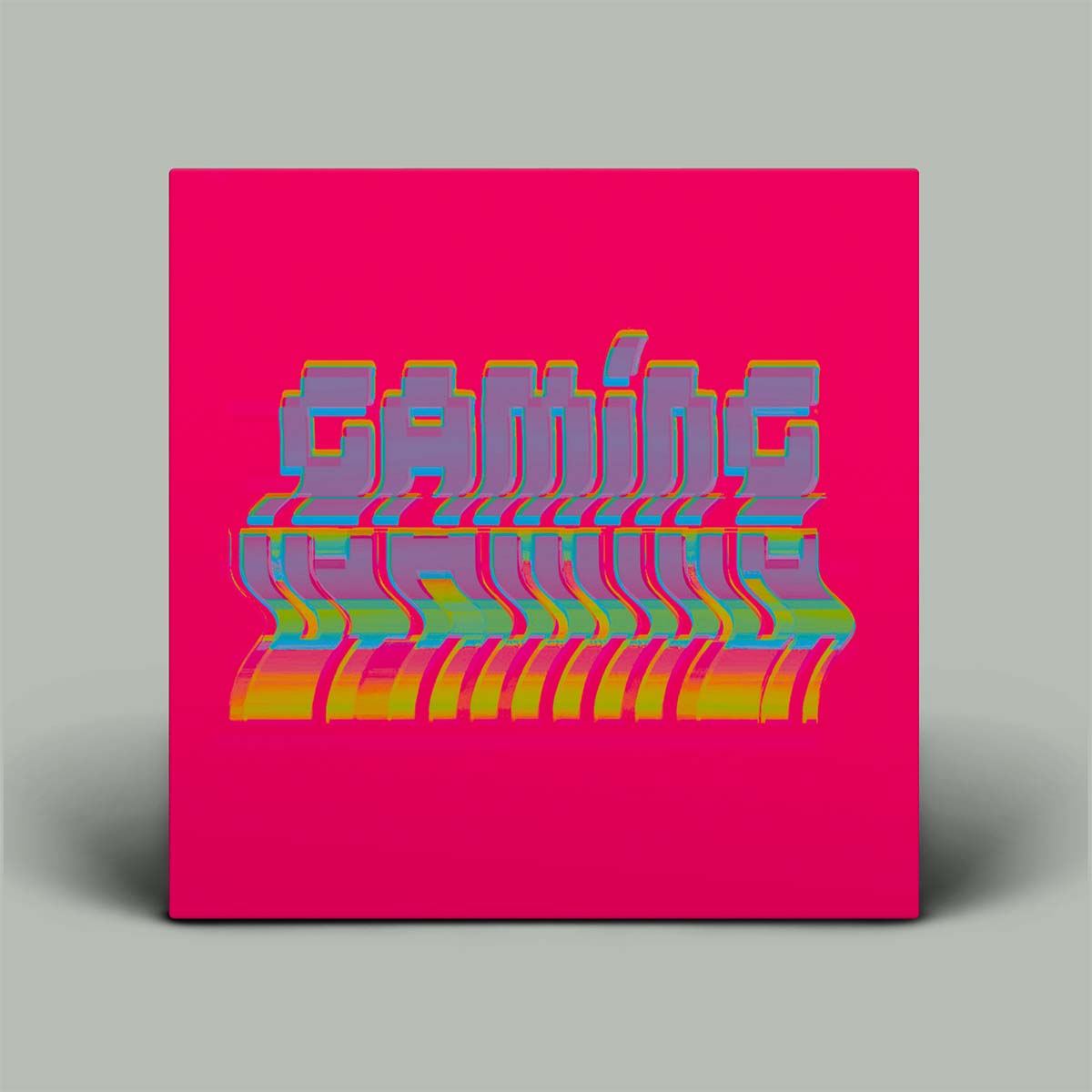 Pink square with 'Gaming' text in colorful, retro-style font on a gray background