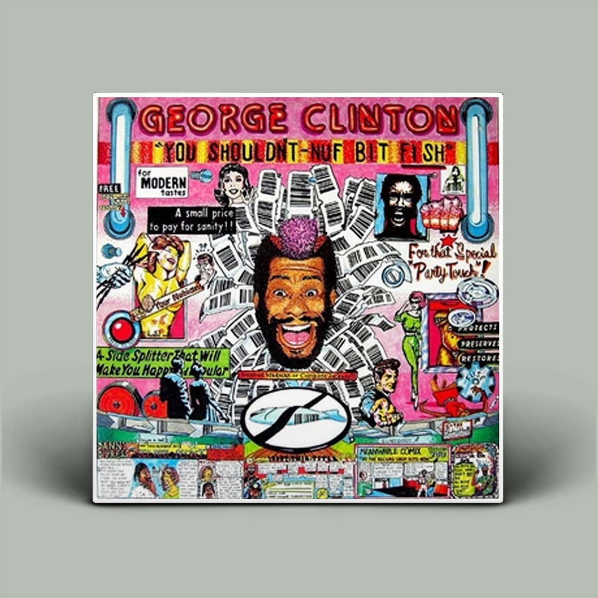 A square illustrated album-style cover featuring a colorful collage with the text 'GEORGE CLINTON' at the top and a large portrait in the center, shown standing against a plain light gray background.