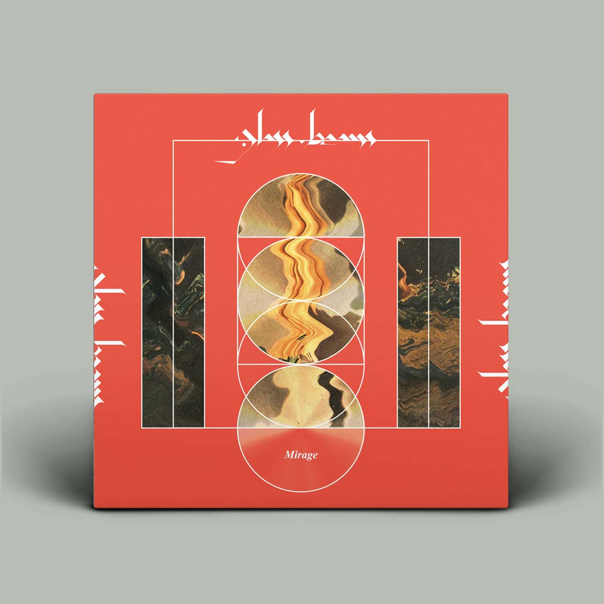 Album cover with geometric design and text on a red background