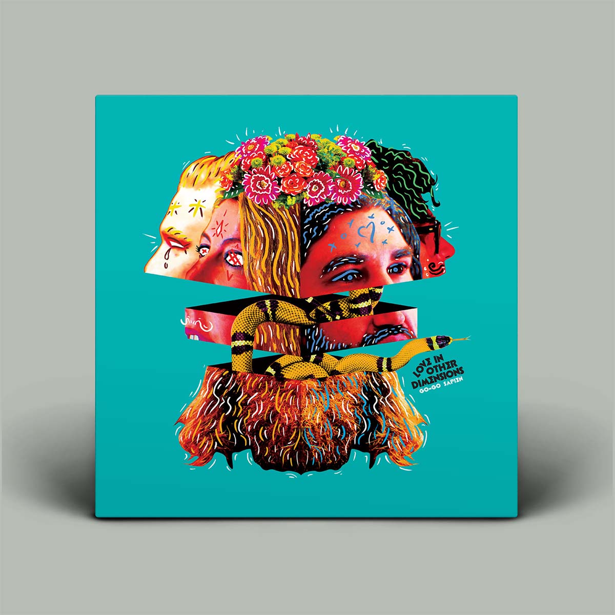 Colorful album cover with artistic design on a teal background