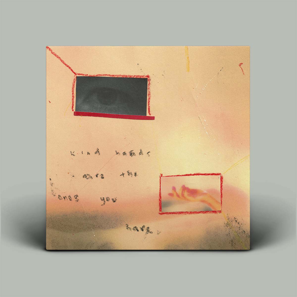 Abstract art piece with text and geometric shapes on a beige background