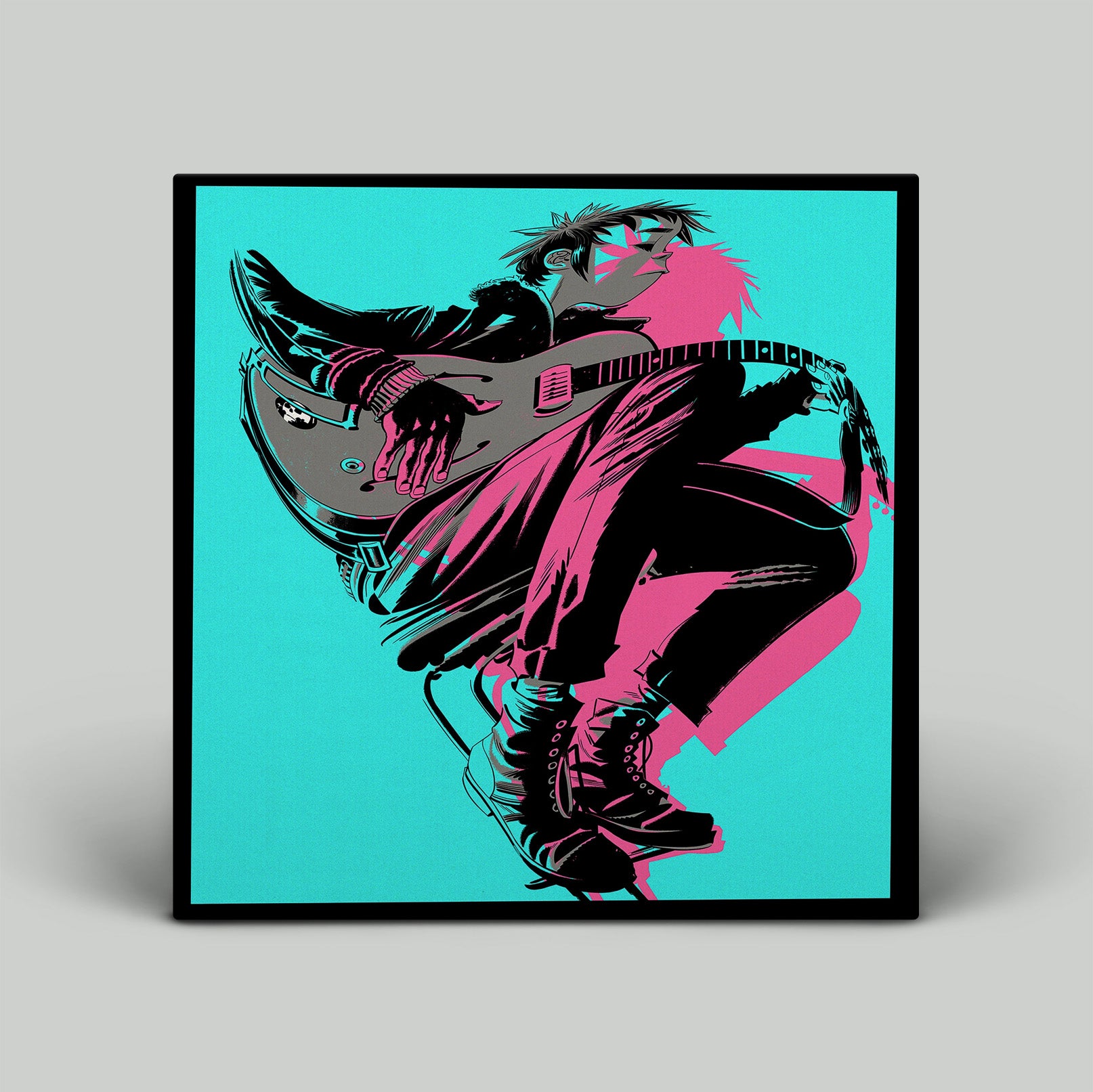 Album artwork of a person playing guitar with a vibrant color scheme on a light gray background