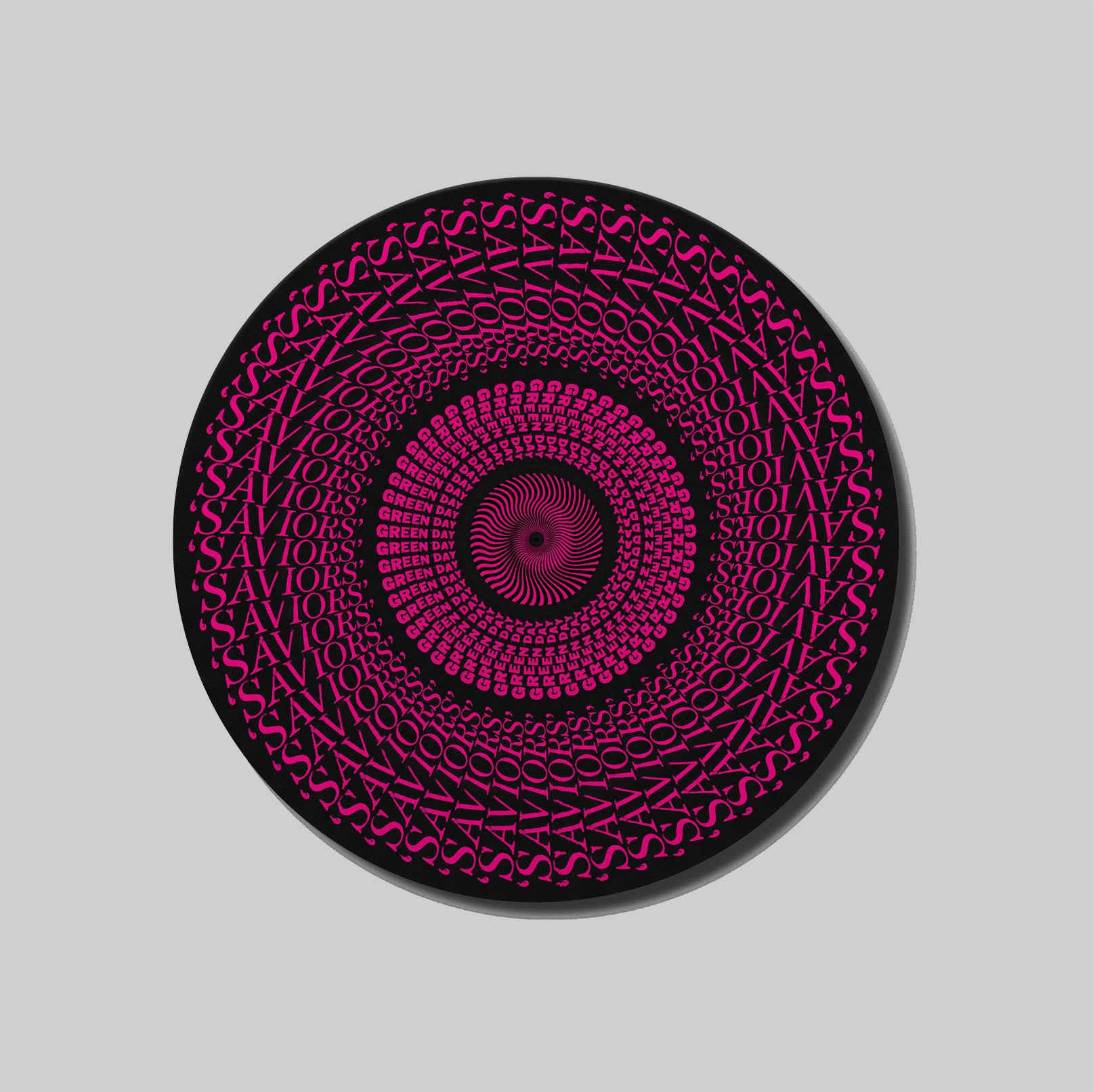 Circular object with pink concentric patterns on a gray background