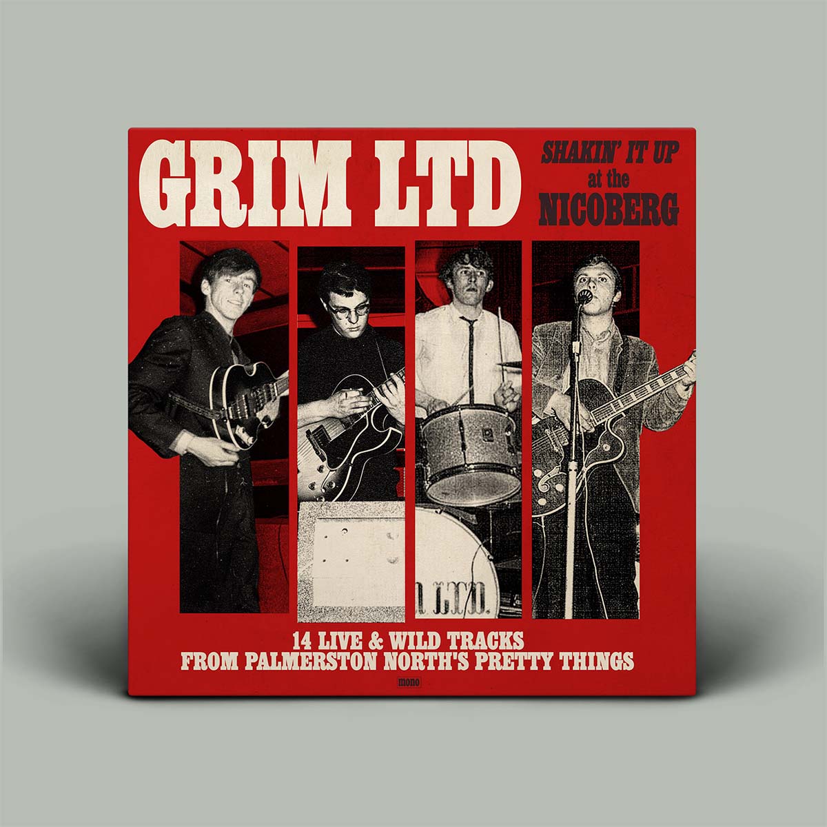 Album cover for 'Grim Ltd' featuring a band on a red background