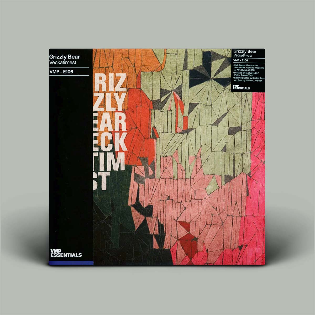 Vinyl record cover with geometric design and text on a gray background