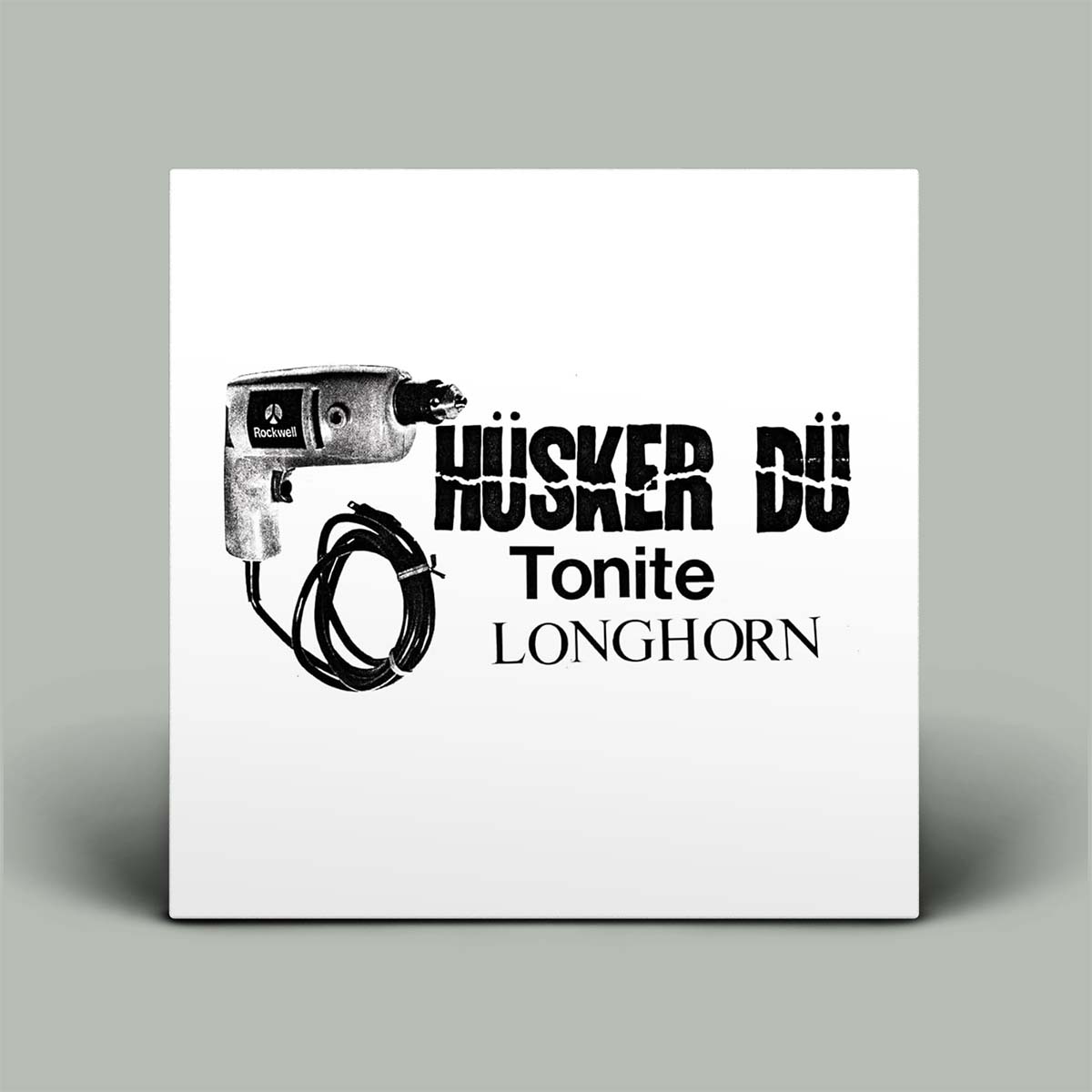 Album cover with a drill illustration and text on a white background