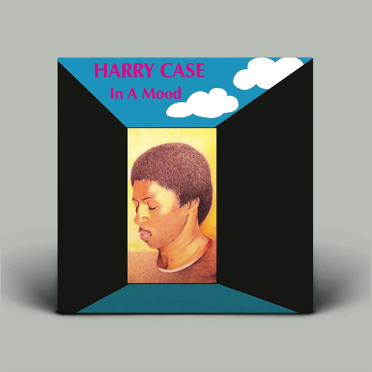 A square wall art print or canvas featuring a stylized portrait of Harry Case with the text 'HARRY CASE In A Mood' at the top. The artwork has a black frame-like border with teal corner sections, white clouds, and a yellow portrait panel in the center, shown against a light gray background.