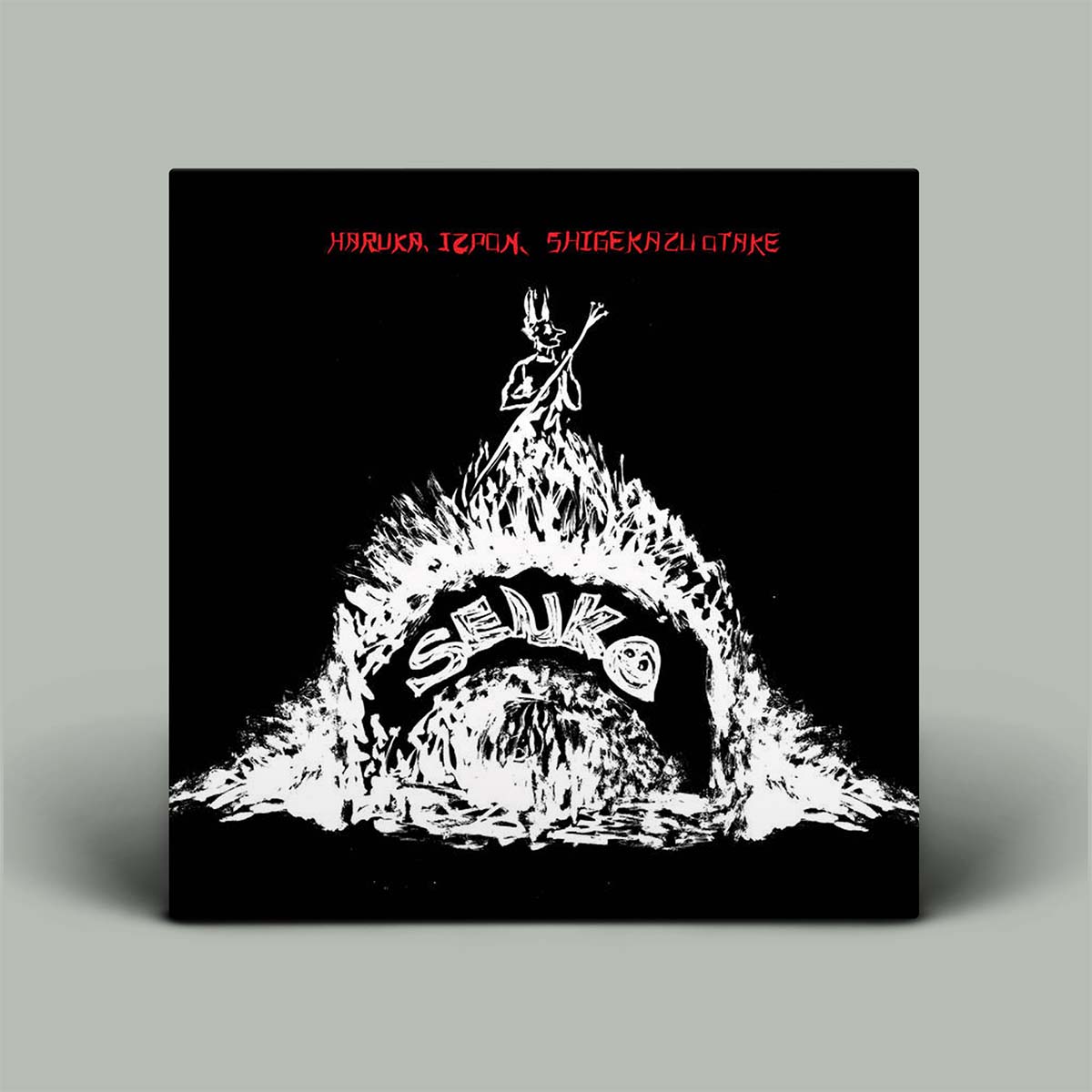 Album cover with black and white design and text on a gray background