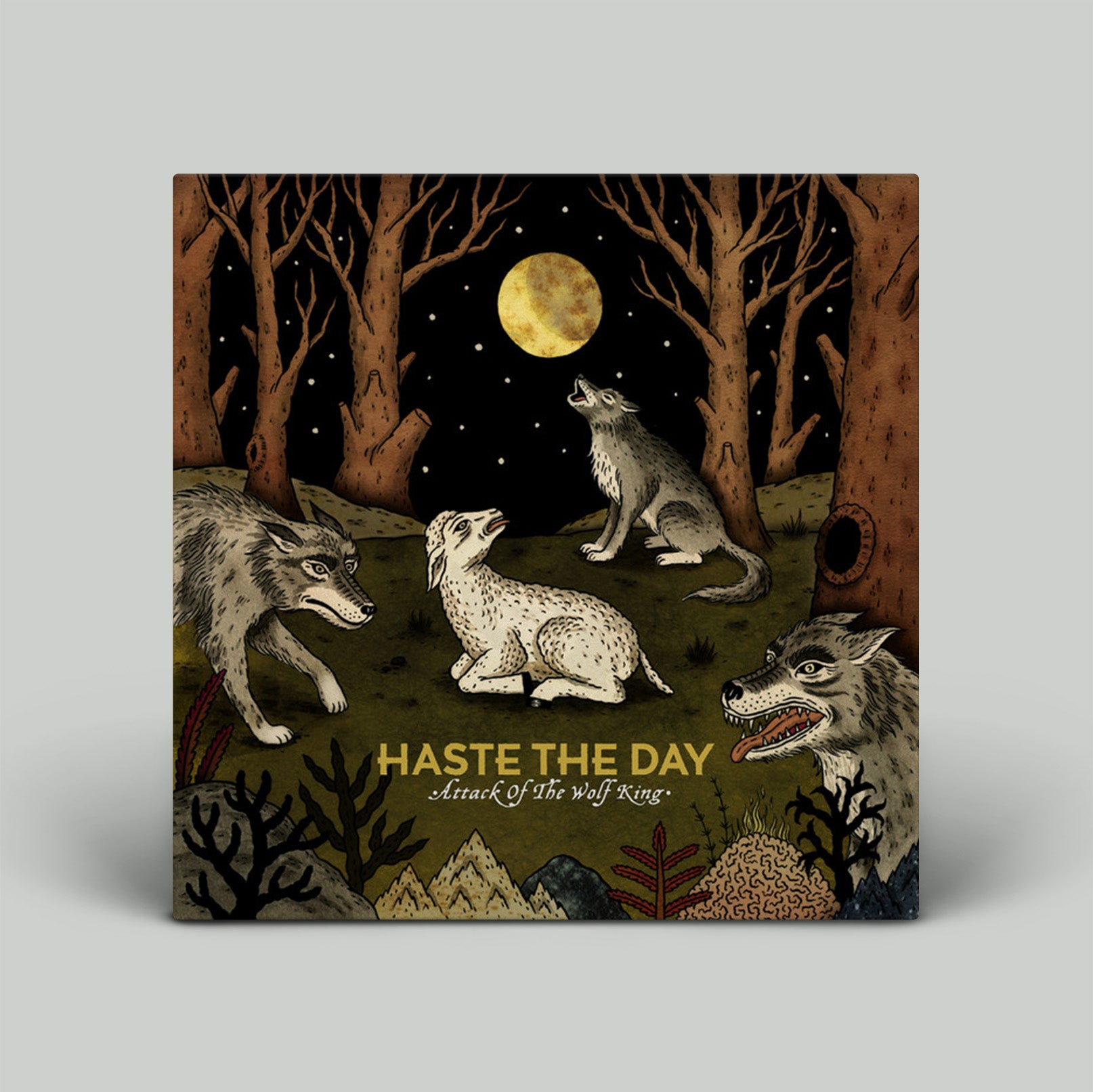 Album cover with wolves in a forest scene and 'Haste the Day' text.