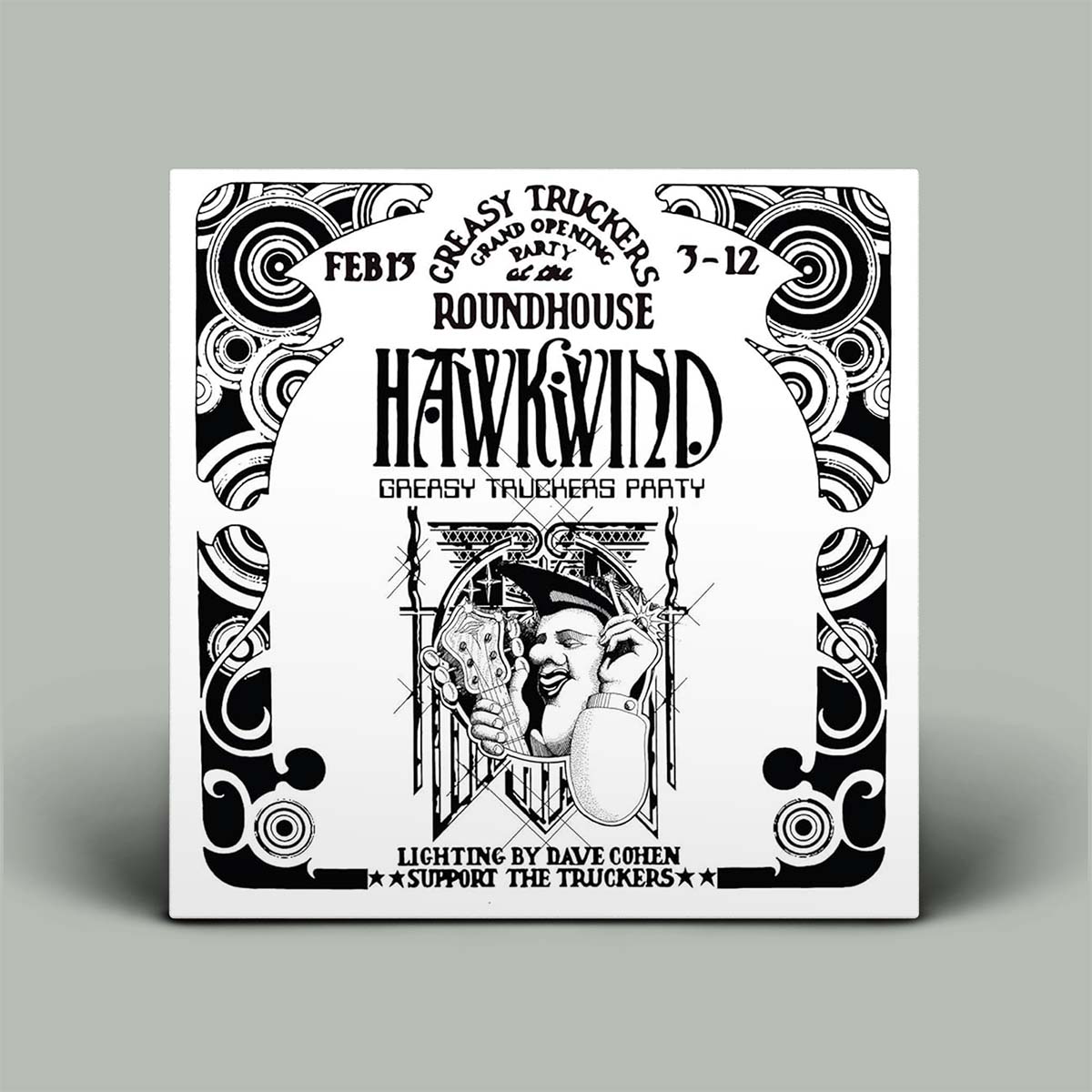 Black and white concert poster for Hawkwind at The Roundhouse on a gray background