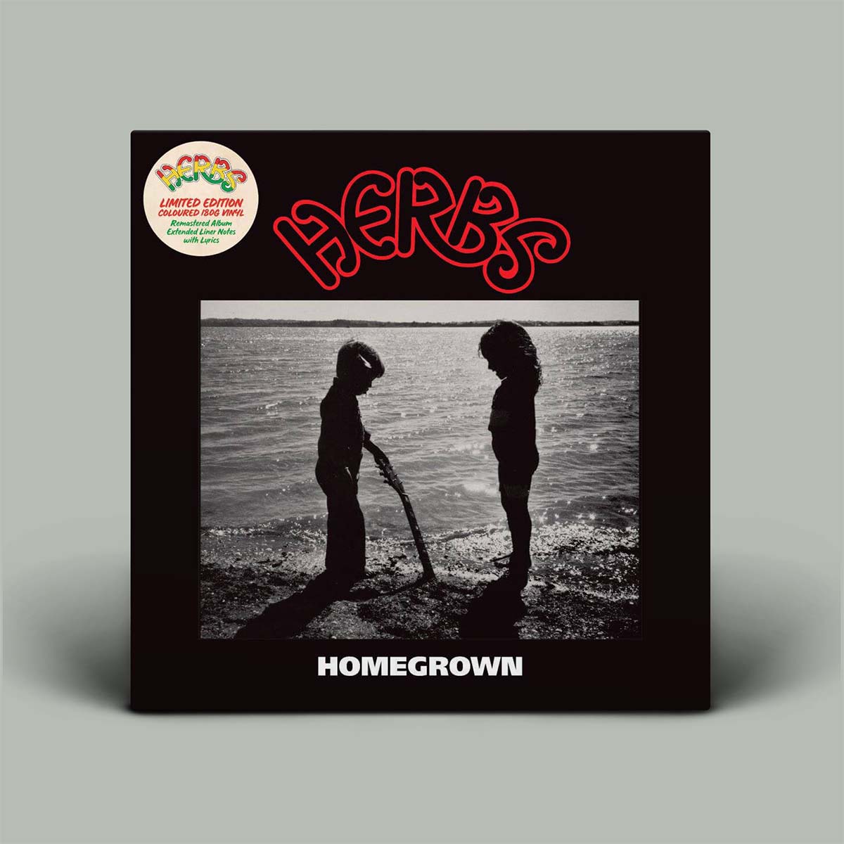 Vinyl record cover with two people on a beach, titled 'Homegrown' by Herbs.